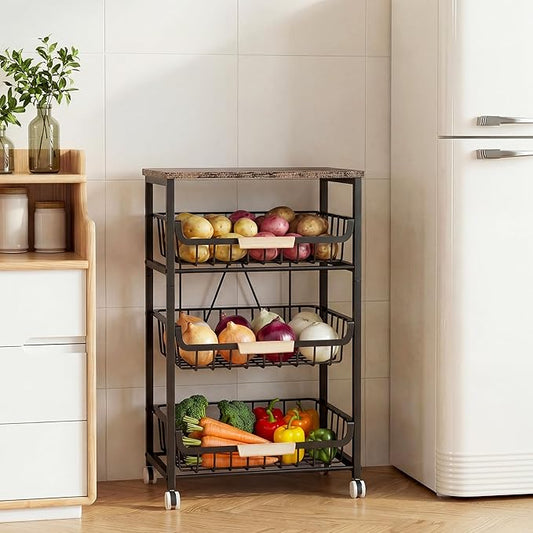 JAQ Fruit Vegetables Carts, 4-Tier Slide Out Metal Storage Baskets Stand Organizers with Wood Top and Handle on Rolling Wheels for Onions in Kitchen Pantry Fruteros para Cocina -(Black, 4 Layer)