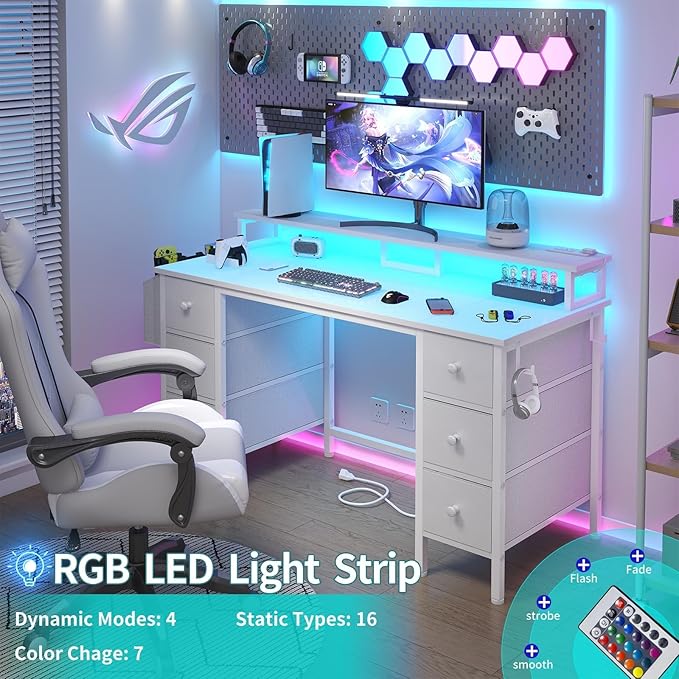Lufeiya White Gaming Desk with Drawers & Storage Shelves, 47 inch Home Office Desk with Monitor Stand, Computer Desk with LED Lights and Power Outlets, White