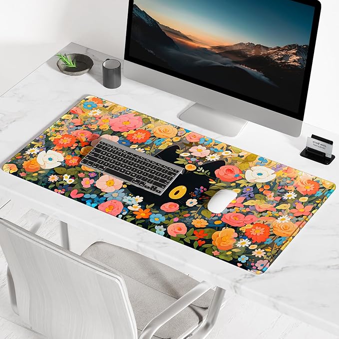 BOSOBO XXL Huge Gaming/Desk Mouse Pad & Keyboard Mat, 35.5 x 15.7 inches - Anime Cat Flower Bush Theme