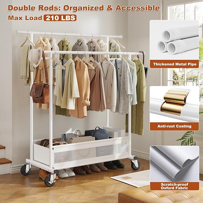 Clothes Rack, Double Rods Clothing Rack, Clothing Racks for Hanging Clothes, Rolling Clothes Rack with Storage Basket & Heavy Duty Wheels, Garment Rack for Bedroom, Laundry Room, White