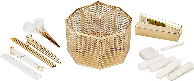 Annova Mesh Desk Organizer Rotate with 5 Compartments Spinning Tidy Candy/Pen Holder Office, Art Supply, Storage, Classroom, Home (Gold)
