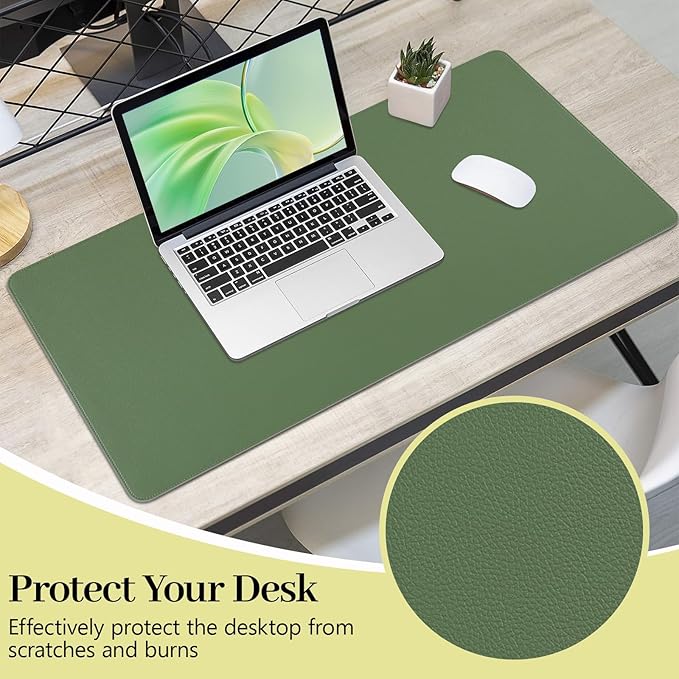Olive Green Leather Desk Mat Large Mouse Pad, Waterproof Desk Pad for Keyboard and Mouse, Non-Slip Computer Desk Protector, Smooth Mouse Movement Desk Mat for Home and Office(35.4"×17")