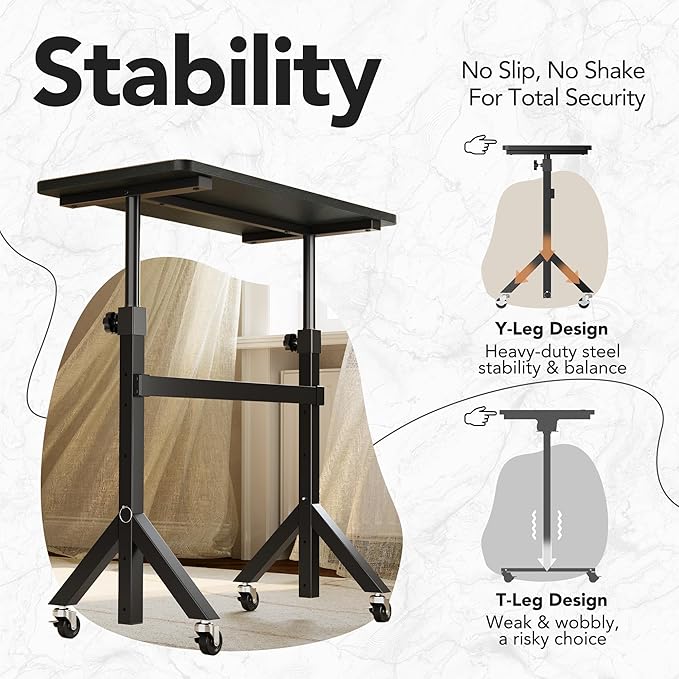 HUANUO 32'' Small Standing Desk Adjustable Heigh, Mobile Stand Up Desk with Wheels, Portable Rolling Desks for Walking Pad and Treadmill, Computer Laptop Desks for Home Office Space,Black