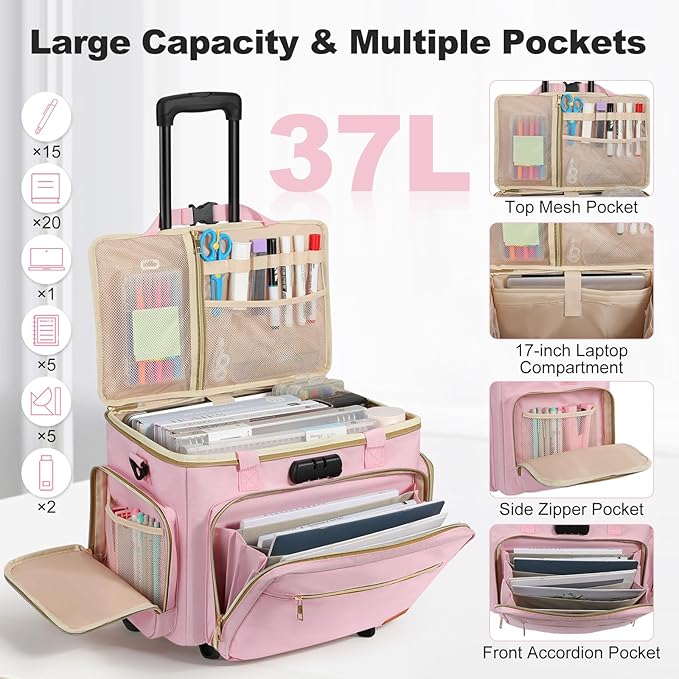 Housolution Rolling Teacher Bag with Wheels, Fits for 17" Laptop, Teacher Tote Bag with Detachable Trolley, Laptop Work Case with Anti Theft Lock, Briefcase Cart with Accordion File Organizer, Pink