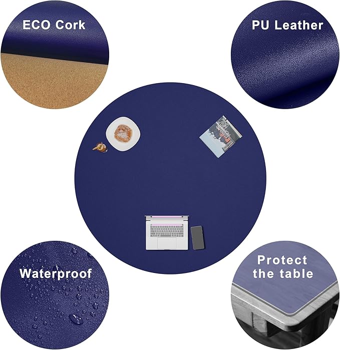 CENNBIE 54 Inches Round Table Pad - Cork & Leather Table Mat - Suitable as Side Dining Coffee Table Cover Protector - Can Be Cut to Fit (42"-54", Blue)