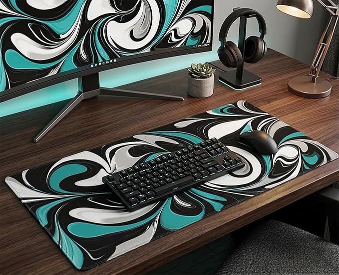 AQQA Modern Abstract Desk Mat Teal Gray Marble Mousepad Large Keyboard Mat Non-Slip Rubber Gaming Desk Accessories for Office Home 31.5 x 15.7