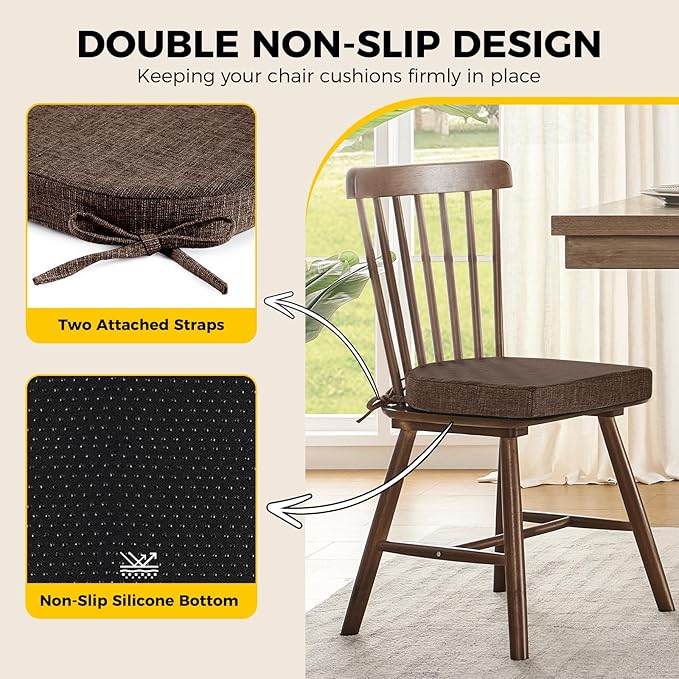 downluxe Indoor Chair Cushions for Dining Chairs, Soft and Comfortable Textured Foam Kitchen Chair Pads with Ties and Non-Slip Backing, 16" x 16" x 2", Brown, 6 Pack