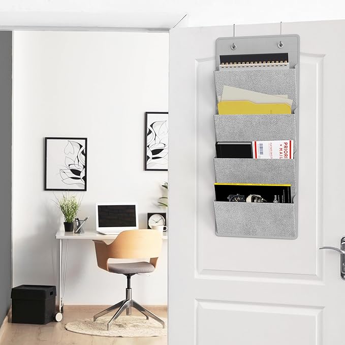Simple Houseware Over the Door Hanging Wall File Organizer, 4 Pocket File Holder with 13" Width for Office Supplies Storage, Grey