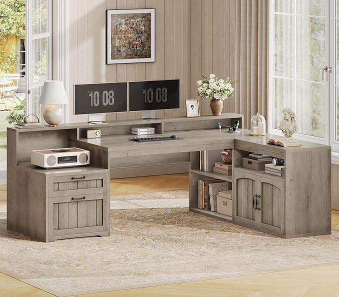 SEDETA Farmhouse L Shaped Desk with Drawers, 59" Office Desk with File Drawers, Wood Corner Computer Desk with Storage, Home Office Desks with Storage Cabinet and Monitor Stand, Grey