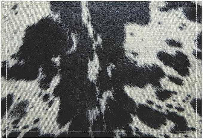 Cow Fur Placemats Farmhouse Western Farm Animal Skin Black White Cowhide Print Linen Washable Table Mats Stain Heat-Resistant Desktop Decor Place Mats for Home Kitchen Dining Party 12x18 in 6 Pcs