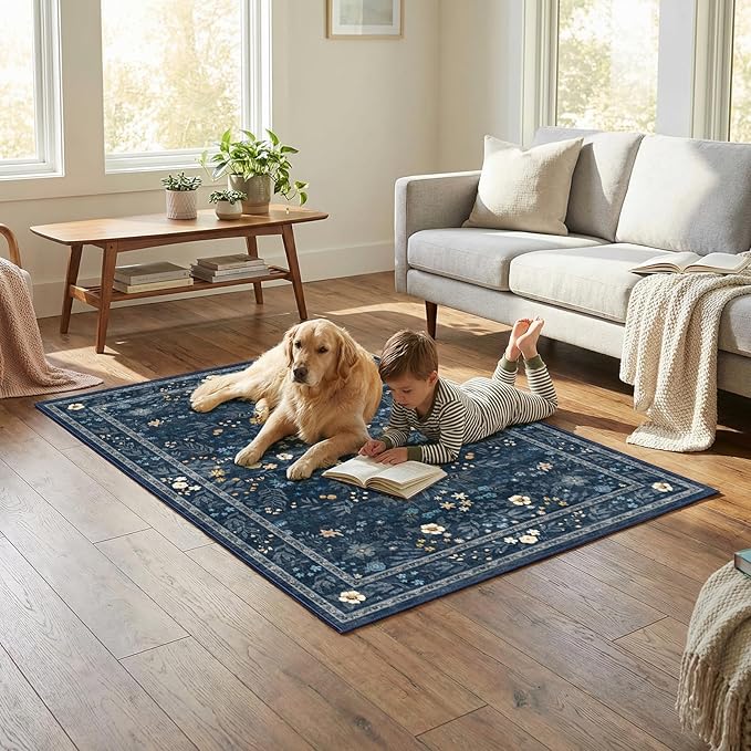 Office Chair Mat for Hardwood Floor & Tile Floor,36"X 48" Heavy Duty Desk Chair Mat for Hard Floors, Under Desk Rug for Rolling Computer Chair,Anti Slip,Low Pile Carpet Floor-Dark Blue Floral Print
