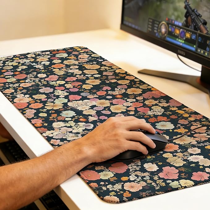 Large Gaming Mouse Pad Colorful Floral Desk Mat,Non-Slip Rubber Base Stitched Edges,Extended Mousepad for PC,Laptop,Office,Home Decor(31.5 x 11.8 Inch)