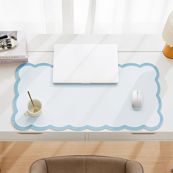 Scalloped Desk Mat, 31.5" x 15.7" Large Cute Aesthetic Desk Accessories, PU Leather Computer Laptop Desk Mouse Keyboard Pad, Desk Writing Mat for Vanity/Work/Home Decor (Blue, 31.5" x 15.7")