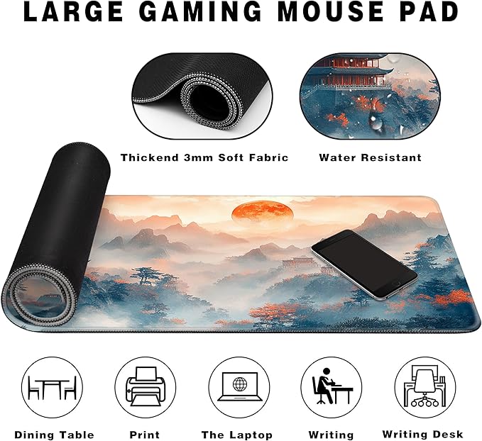 Long Gaming Mouse Pad Extended Anime Large Desk Pad with Non-Slip Base Full Keyboard Mat with Stitched Edges for Gaming and Office 31.5 x 11.8 inches (Mountain View)