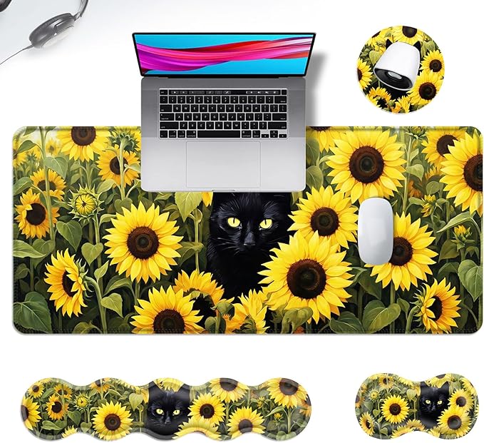 Ergonomic Mouse Pad Set with Wrist Support for Keyboard and Wrist Rest for Mouse, Memory Foam Comfort, Non-Slip Large Desk Mat for Home Office Pain Relief,Black Cat with Sunflowers