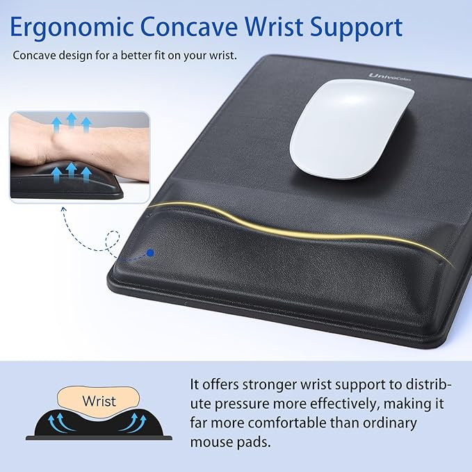 univo colors Pain Relief & Wrist Support Mouse Pad,Ergonomic Design with Contouring Memory Foam,High-Precision PU Surface,Non-Slip Base for Office/Gaming(Black)