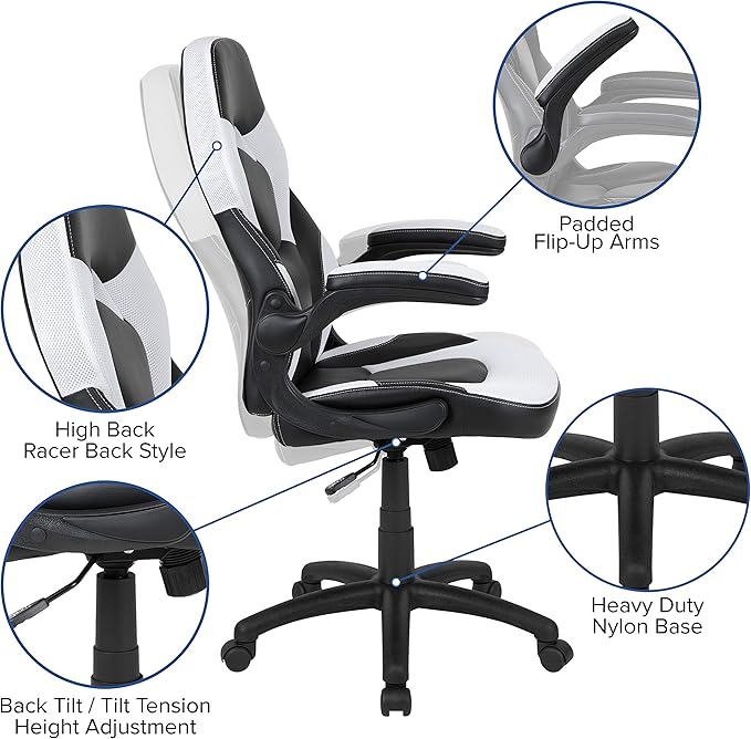 EMMA + OLIVER Black/White Gaming Desk Bundle - Cup & Headphone Holders/Mouse Pad Top