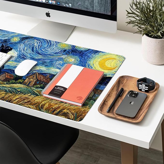 Cute Desk Mat, Starry Night Cat Large Mouse Pad for Desktop, PU Leather Waterproof Desk Pad, Anti-Slip Computer PC Laptop Protector Gaming Mouse Pads for Office Home Decorations (27.5" x 13.8")