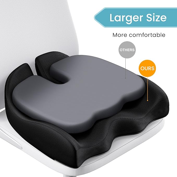 Extra Large Memory Seat Cushion for Office Chair Pressure Relief Sciatica & Tailbone Pain Relief Memory Foam Firm Coccyx Pad for Long Sitting, for Office Chair, Gaming Chair and Car Seat, Black