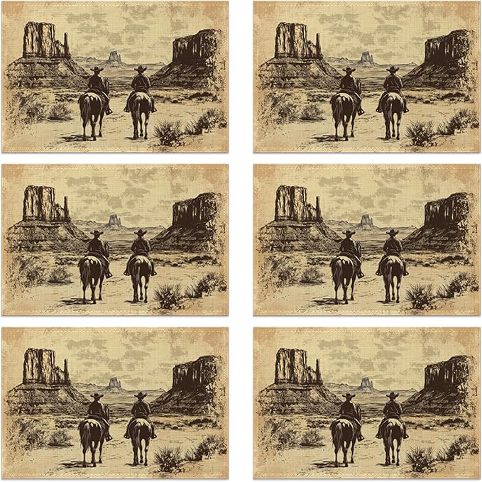 Vintage Western Cowboy Table Placemats Set of 6, Linen Placemats 12x18 Inch, Washable Non Slip Heat Resistant Mats for Dining Table Kitchen Indoor Use