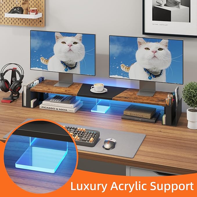 WESTREE Dual Monitor Stand Riser with Pen Holder, Computer Monitor Riser with Adjustable Angle and LED Light, Desktop Monitor Stand Riser Storage Organizer for Computer, Laptop, Printer, TV