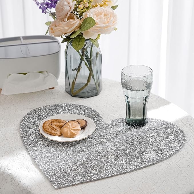 Placemat, Silver Heart Rhinestones 15 Inches Table Mat Decoration Placemat for Centerpiece Dining Table Love Home Family Together