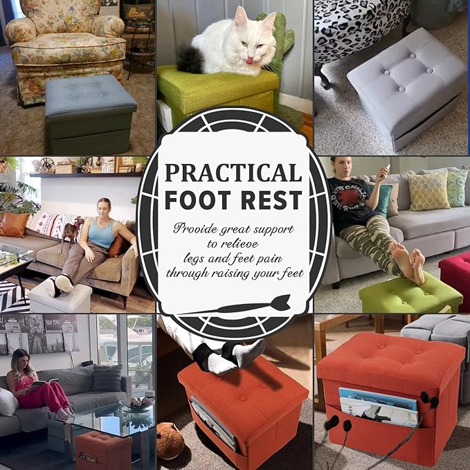 LINMAGCO Storage Ottoman Folding Foot Stool Foot Rest with Side Pocket Modern Ottoman with Storage Short Sofa Stool Linen Cloth 17x13x13(Beige)