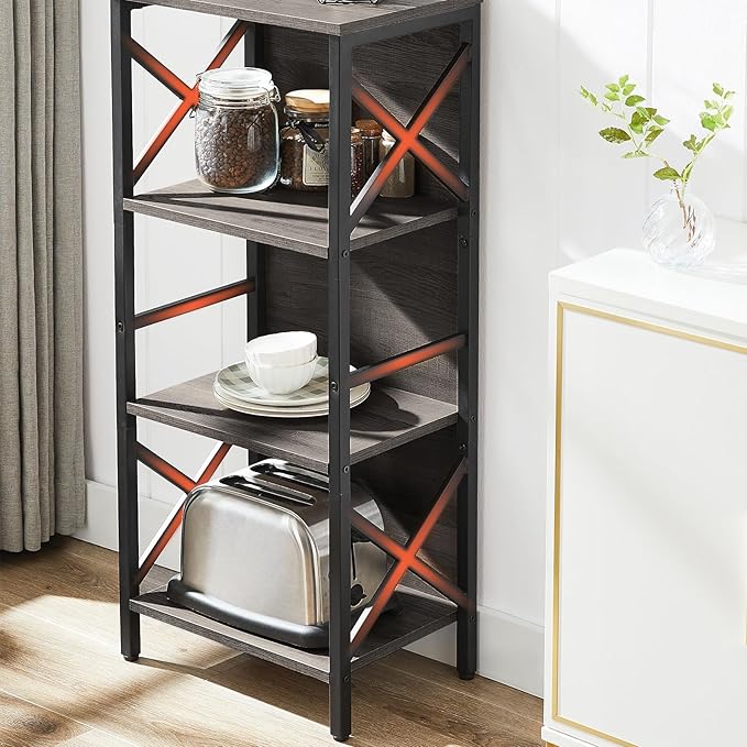 MNEETRUNG Small Bookshelf,4 Tier Industrial Bookcase with Metal Frame and Backboard,Narrow Rustic Gery Book Shelf,Book case for Small Spaces,Living Room,Bedroom and Home Office