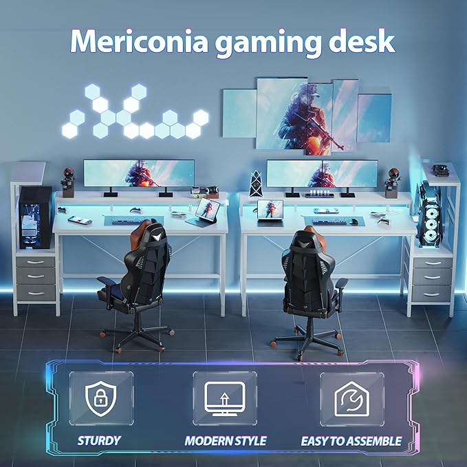 Mericonia 60 inch Gaming Desk with LED Lights & Power Outlets, Reversible Computer Desk with Storage Drawers & Monitor Stand, Large Gaming Table for Home Office