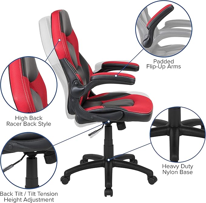 EMMA + OLIVER Black/Red Gaming Desk Bundle - Cup & Headphone Holders/Mouse Pad Top