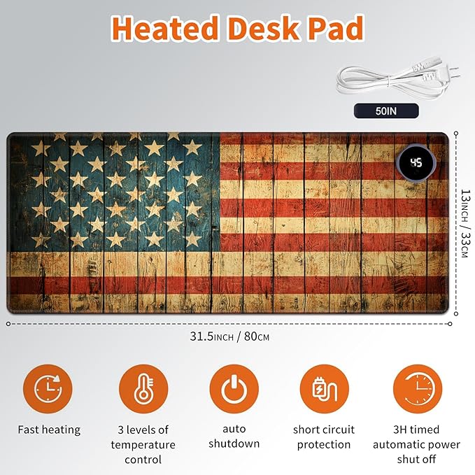 Heated Mouse Pad,Warm Desk Pad with 3 Levels Heating & 3 Hours Auto Shut-Off, PU Leather Heated Desk Pad Warmer Pad for Home Office - 31.5 x 13 inch,Vintage American Flag