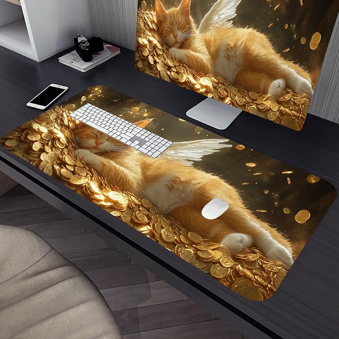 Cute Cat Desk Mat Dragon Wing Cave Gold Coin Fantasy Large Gaming Mouse Mat with Stitched Edges,Non-Slip Waterproof Rubber Base Mous Mat 31.5"x11.8" Office Computer Keyboard Laptop Home