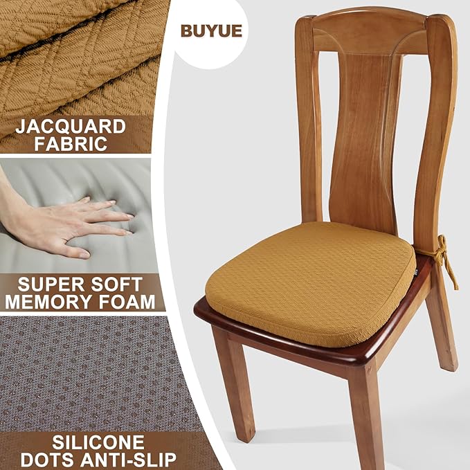 BUYUE Luxury 100% Pure Memory Foam Chair Cushion 1 Pack, Jacquard 16" U-Shape Comfortable Dining Chair Pad, Removable Slip Resistant Kitchen Chair Seat Cushion, (1 Piece, Ocher)