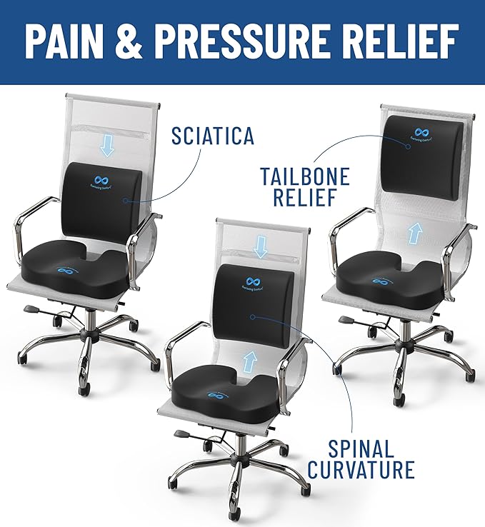 Everlasting Comfort Doctor Recommended Memory Foam Seat Cushion for Office Chairs & Car - Ergonomic Office Desk Accessories - Cushions for Tailbone Pain Relief, Sciatica & Back Support Pillow
