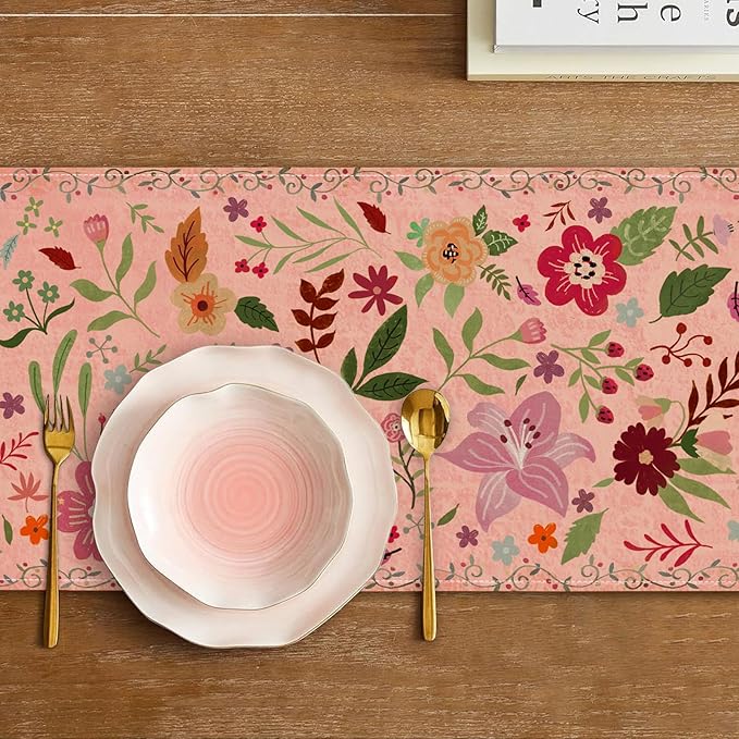 Boho Floral Pink Table Runner,Vintage Elegant Farmhouse Table Center Linen Decor,Country Rustic Farmhouse Magical Fall Kitchen Dining Table Decoration for Home Dining Party Decor 13x108 Inch