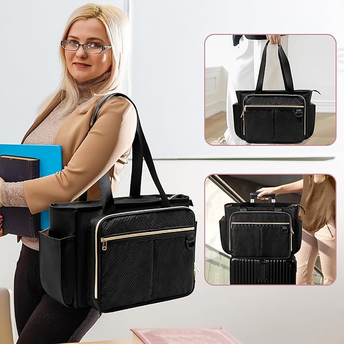 Teacher Tote Bag with Accordion File Organizer Pocket, Large Teacher Work Utility Bag for Women, Black(Patent Design)