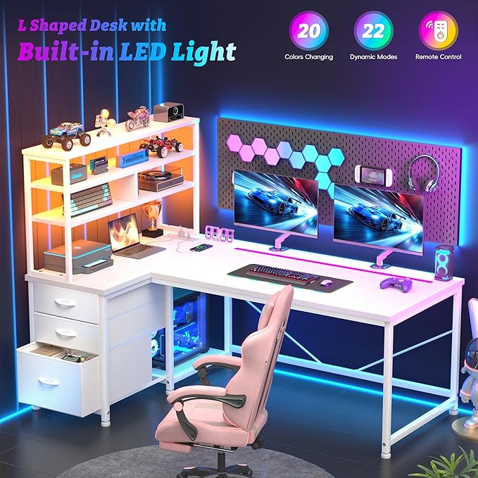 DurayLoly L Shaped Desk Gaming Desk with 3 Silent Fabric Drawers & Shelf, Reversible Corner Desk with Remote LED Lights, Power Charging Station of Home Office Desk,Vanity Desk for Bedroom,White
