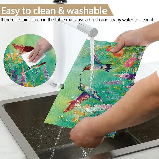 Colorful Hummingbird Flowers Table Placemats Set of 6, Linen Placemats 12x18 Inch, Washable Non Slip Heat Resistant Mats for Dining Table Kitchen Indoor Use