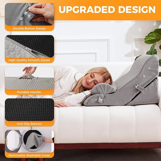 Ruqmuis 3PCS Wedge Pillow Set for After Surgery, Adjustable Back Pillow for Bed Sitting up, Acid Reflux, Bed Wedge Pillow Headboard for Sleeping & Snoring, Orthopedic Pillow for Post Surgery, Grey