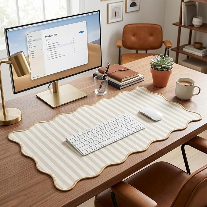 Scalloped Desk Mat Extended Large Cute Striped Mouse Pad Big Desk Pad XXL Aesthetic Stripe Mousepad Gaming Mouse Pad for Keyboard Computer Laptop Home Office Accessories 35.4X15.7Inches Beige