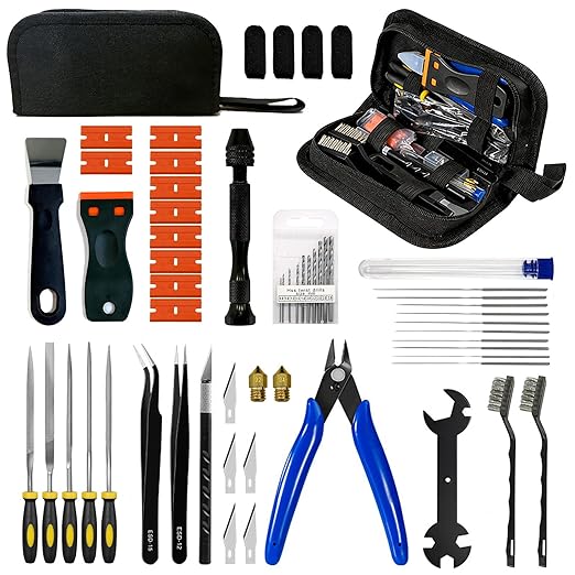 3D Printer Tool Kit Accessories - 58 Pcs Solve 99% Print Failures Clean Maint - with Scraper Brush Pliers Needles Cutter Pouch - for Unclog Nozzle Support Removal Model Finish - for All FDM Printers