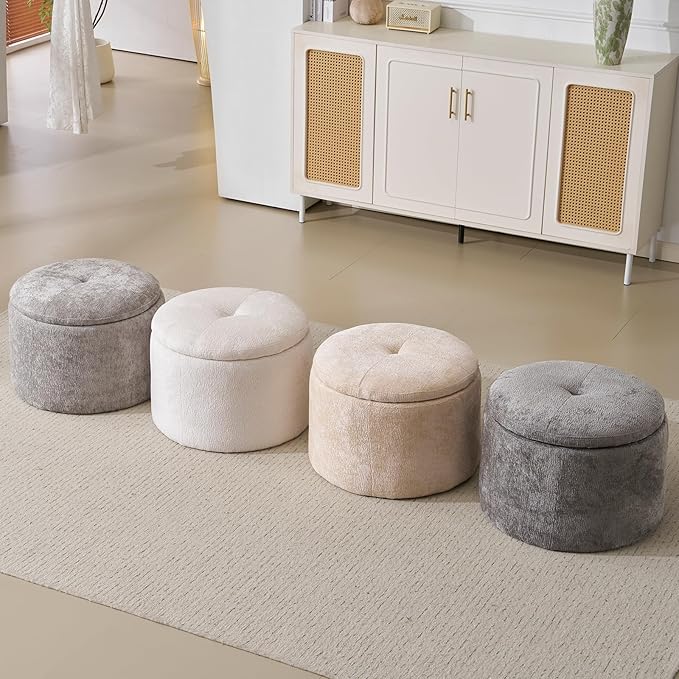 Modern Round Storage Ottoman, Chenille Ottoman Foot Stools, Ottoman Footstool with Removable Lid, Storage Ottoman for Living Room, Multi-Functional Footrest, White