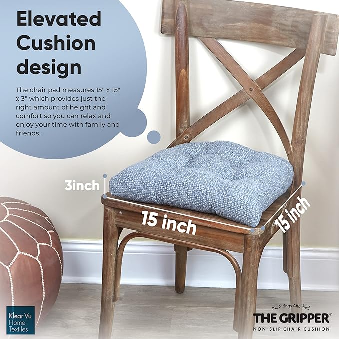 Klear Vu Gripper Overstuffed Universal Non-Slip Dining Chair Cushions for Kitchen Decor or Office Use, U-Shaped Skid-Proof Seat Pad, 15x15 Inches, 4 Count (Pack of 1), Waffle Delft Blue