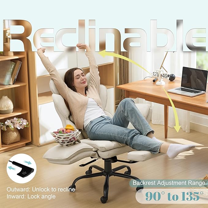 Flip Armrests Criss Cross Office Chair, Reclining Office Chair with Foot Rest, Adjustable Headrest, Massage Waist Pillow, Cross Legged Big and Tall Desk Chair Wide Seat Vanity Chair, PU Leather Beige