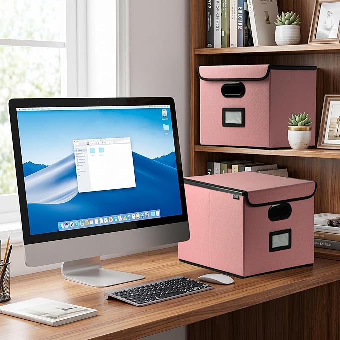 Qerlei File Organizer Boxes with Lids,Collapsible File Folder Organizer with Plastic Slide,Collapsible Filing & Storage Boxes for Office/Decor/Home (Pink, 1 Pack)
