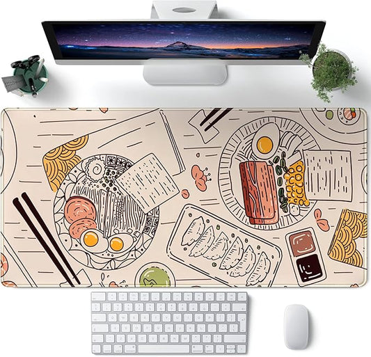 Japanese Ramen Sushi Food Desk Mat Beige XL Mouse Pad Large Full Desk Mousepad Gaming Extended Keyboard Mouse Mat Desk Pad for Computer Laptop 31.5''X15.7'' Non-Slip Rubber Base with Stitched Edges