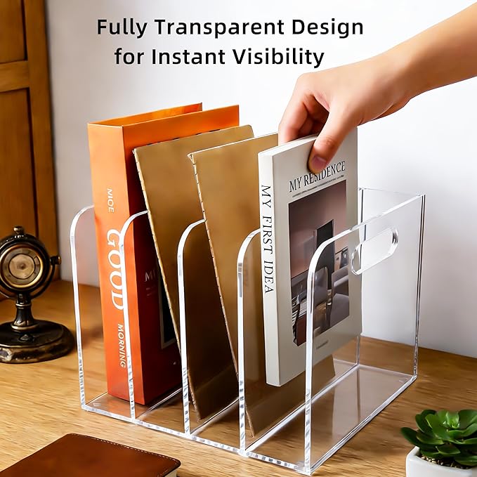 4 Vertical Compartments Clear Acrylic Magazine & File Holder – Multipurpose Desk Organizer for Office, Tablets, Magazines, Books – Documents/Home/Classroom Rack