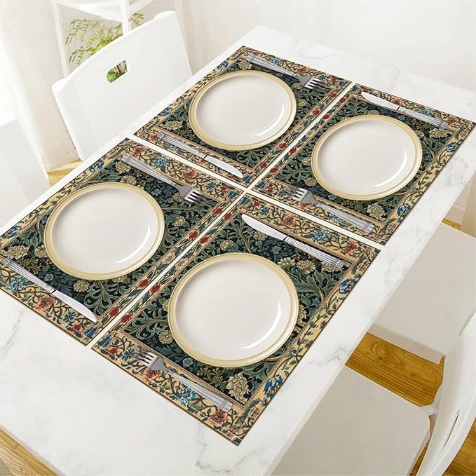 William Morris Floral Placemats Vintage Flower Art Style Boho Chic Retro Floral Linen Washable Table Mats Stain Heat-Resistant Desktop Decor Place Mats for Home Kitchen Dining Party 12x18 in 6 Pcs