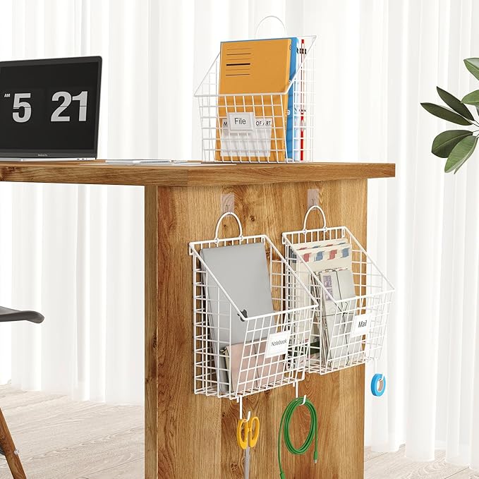 Yuzehuaza Wall File Organizer Metal Hanging File Organizer,Wall Mount File Holder, Magazine Rack and Mail Holder with Hooks for Home Office, 4 Packs, White(Patent Pending)