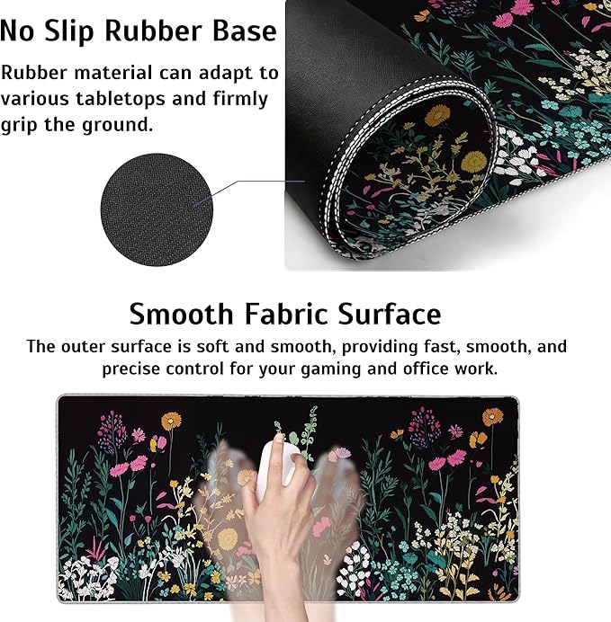 Floral Meadow Mouse Pad,35.4 x 15.7 Inch Large Mouse Mat Non-Slip Rubber Stitched Edges for Writing Desk,Office,Home,Laptop